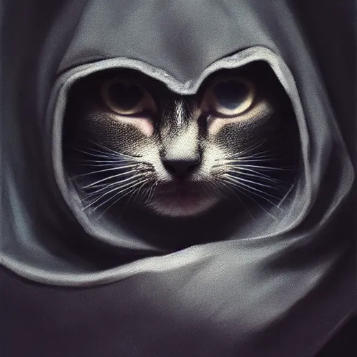 Image similar to a portrait of a kitten wearing a black hood, cloak covering face, anatomically correct, beautiful perfect face, enigmatic, oil painting, matte, black background, Volumetric dynamic lighting, Highly Detailed, Cinematic Lighting, Unreal Engine, 8k, HD, by Beksinski