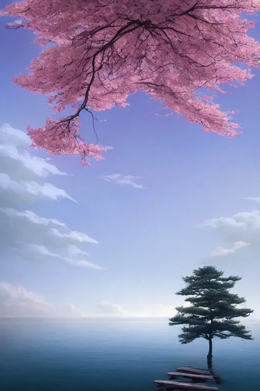 Image similar to a distant sakura tree on a lake, viewed from afar, stephen bliss, misty, unreal engine, fantasy art by greg rutkowski, loish, rhads, ferdinand knab, makoto shinkai and lois van baarle, ilya kuvshinov, rossdraws, tom bagshaw, global illumination, radiant light, minimalist, illustration, detailed and intricate environment