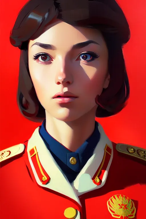 Image similar to a ultradetailed beautiful panting of a stylish woman wearing a soviet uniform, oil painting, by ilya kuvshinov, greg rutkowski and makoto shinkai, trending on artstation