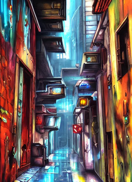 Image similar to airbrushed painting of a cyberpunk alleyway