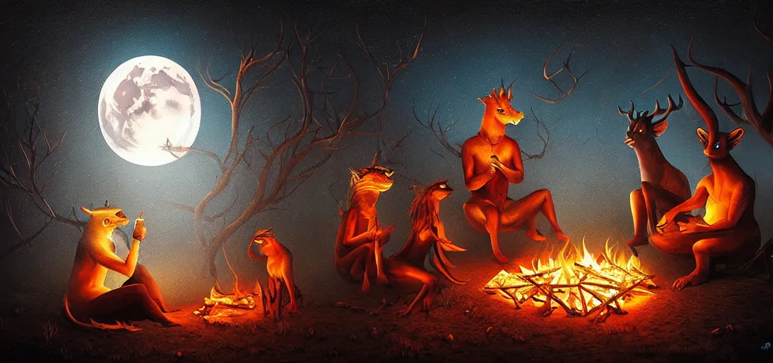 Image similar to strange mythical beasts of sitting around a fire under a full moon, surreal dark uncanny painting by ronny khalil