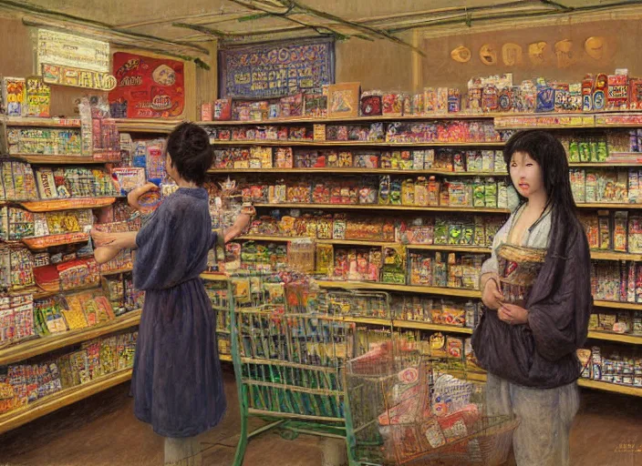 Image similar to people interior convenience store in the style of jeremy enecio, intricate, miles johnston, monet, cynical realism, john william godward, painterly, yoshitaka amano, miles johnston, louise zhang, pekka halonen, finnish naturalism, realism