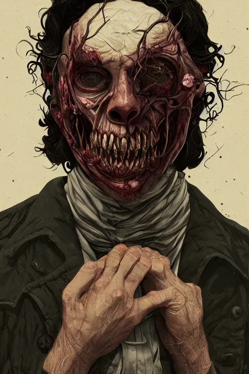 Prompt: quaker oates man in sleepy hollow, full body, big two toned eyes, teeth gritted, horror, intricate details, cinematic, epic, realistic, anatomy, tomer hanuka, uplight, artstation, photorealistic, scary