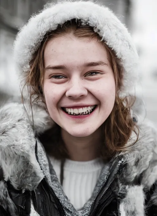 Prompt: Mid-shot portrait of a beautiful 20-year-old woman from Iceland, smile, happy, candid street portrait in the style of Martin Schoeller award winning, Sony a7R