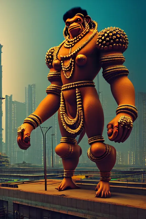 Prompt: high quality 3 d render post - rococo cyberpunk hanuman! head building, neon madhubani, highly detailed, in sci - fi mumbai, cinematic smooth unreal engine, lee madgwick & liam wong, dramatic light, low angle, uhd 8 k, sharp focus