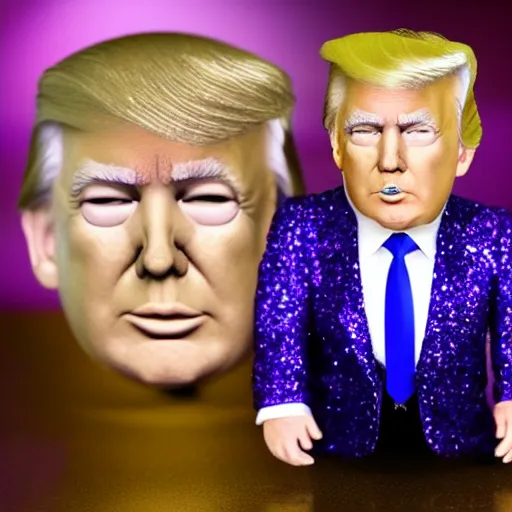 Image similar to Donald Trump with silver-violet hair, white eyes and golden glittery dress, wide lens, diorama, 4k,