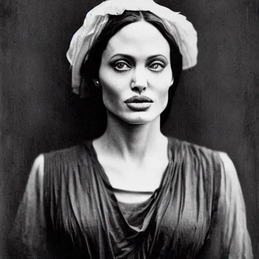 Image similar to victorian photograph of angelina jolie, 1 8 9 0 s photography, 1 9 0 0, graceful, realistic face, symmetrical face, studio photograph, grainy, edwardian, old photo