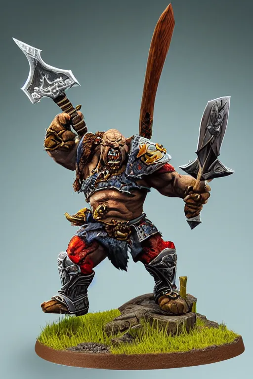 Image similar to a huge orc swinging a battle axe, in the style of world of warcraft. detailed painted Games Workshop miniature, studio lighting