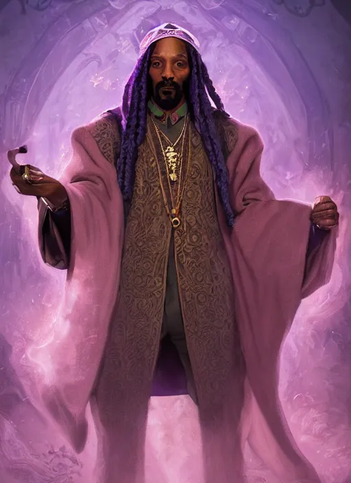 Image similar to snoop dogg as a mage, short beard, grumpy, intricate purple robes, Ivan Aivakovsky, Boris Vallejo, epic fantasy character art, D&D Concept Art, full length, ultra Realistic, Regal, Refined, Detailed Digital Art, Exquisite detail, post-processing, masterpiece, Cinematic Lighting, Unreal Engine, 8k, HD,