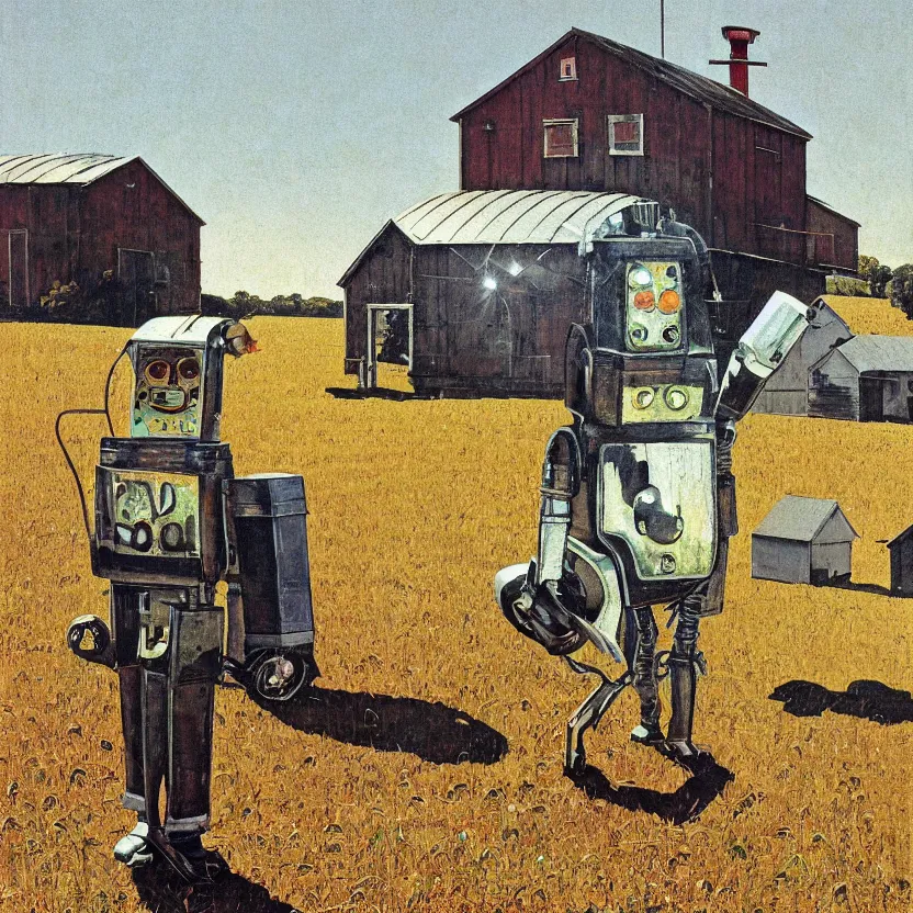 Image similar to portrait painting of a robot made of shiny reflective chrome in front of a barn and farm, painted by norman rockwell. agricultural scene. pulp sci - fi art for omni magazine. high contrast. baroque period, oil on canvas. renaissance masterpiece. trending on artstation. retrofuturism.