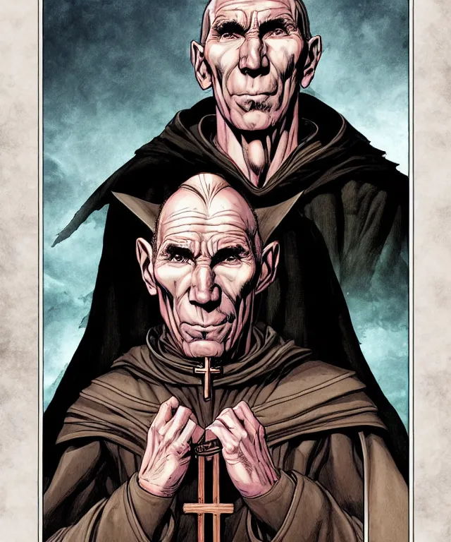 Image similar to a ( fantasy comic ) ( cover art ) portrait of a catholic inquisitor who looks like ( pete postlethwaite ), digital illustration by jenny frison and sana takeda and kentaro miura, fine inking lines, vivid colors, dnd, highly detailed!, hd, 4 k, trending on artstation