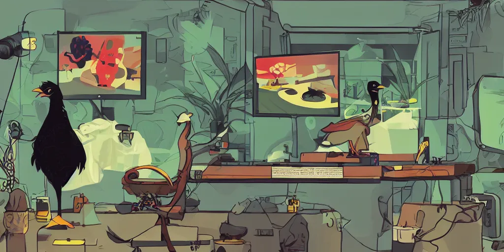 Image similar to 'black chicken!!!' smoking 'cannabis!!!!!!' in front of 'multi monitors'!!!!!! broadcasting studio, artwork by James Gilleard