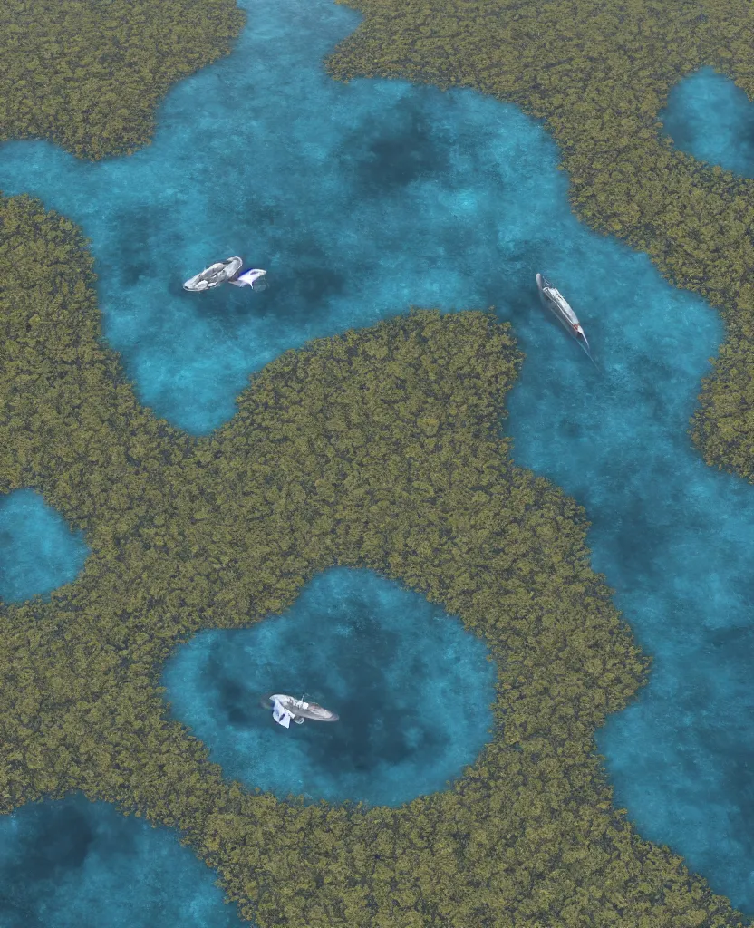 Image similar to a crescent shaped pelagic settlement floating on the water, view from above, fusion of subnautica and star trek, aquaculture farms in the water around, boats of different sizes, hyperrealistic sci - fi illustratiom, soft natural volumetric lighting, realistic 4 k unreal engine 5 beautifully detailed render, 4 k post processing, trending on artstation