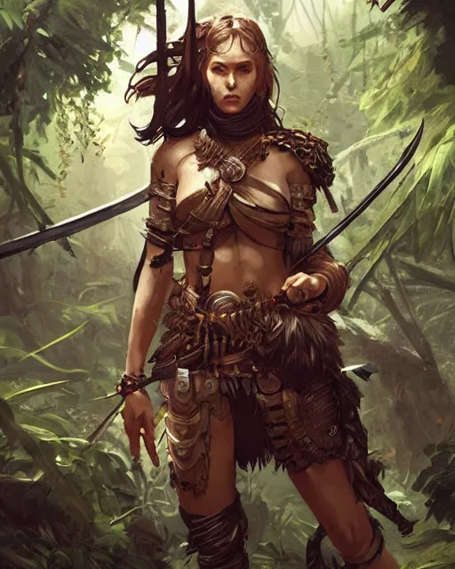 Prompt: digital art of a warrior woman in a jungle wearing heavy medieval knights armor, character art, by greg rutkowski, detailed body and face, beautiful face, anime style, 4 k, dnd