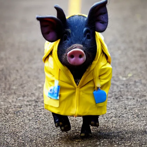 Prompt: photograph of a cute pig walking upright wearing a yellow raincoat