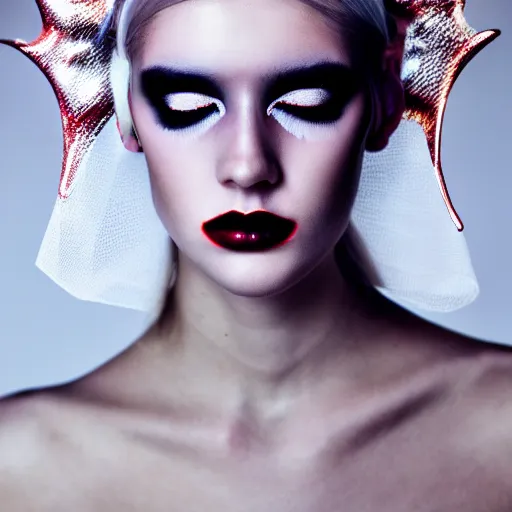 Image similar to high fashion photography of a model in neo futurism white sci - fi makup wearing antlers, transparent cloth, beautifully lit