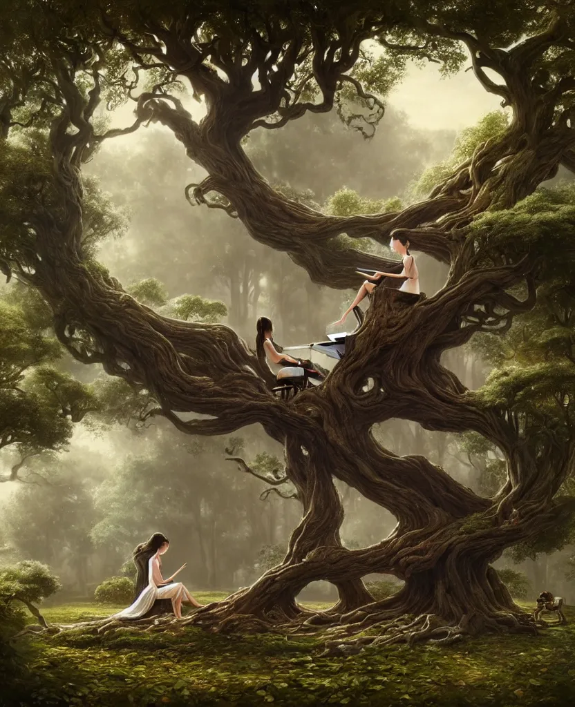 Prompt: woman playing a piano sitting on a giant tree, very detailed, 8k, maximized, ornate, masterpiece, complex, by Greg rutkowski, Alex Gray, surrounded by smoke