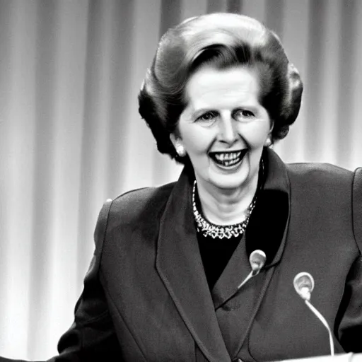 Image similar to margaret thatcher pointing and laughing at coal miners