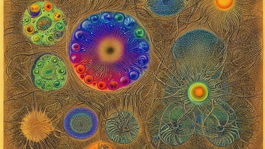 Image similar to quantum connections represented as symbiotic organisms like cells playing around with colorful lights by ernst haeckel, very very very good