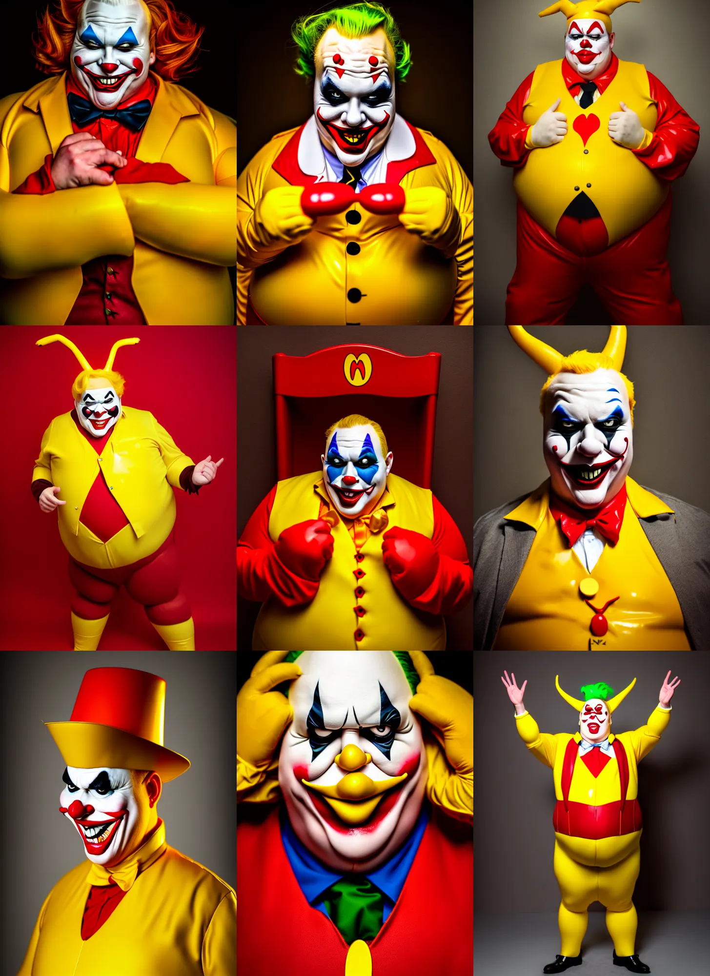 Prompt: Portrait of very fat joker dressed in yellow and red rubber latex Ronald Macdonalds costume, intricate, highly detailed, digital photography, cinematic lighting, concept art, 4k