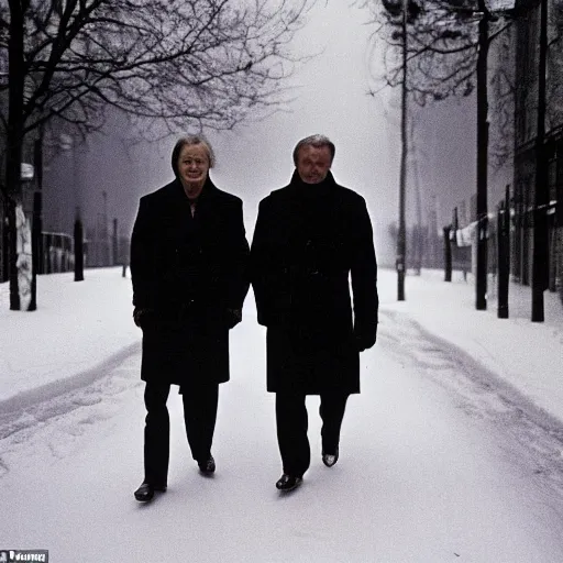 Image similar to Olof Palme and his wife peacefully strolling down Sveavägen in Stockholm a winter evening in 1986