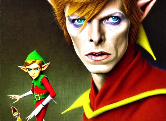 Prompt: portrait shot of young david bowie as link the elf in zelda 1 9 8 0, intricate, elegant, highly detailed, centered, digital painting, artstation, concept art, smooth, sharp focus, illustration, artgerm, tomasz alen kopera, peter mohrbacher, donato giancola, joseph christian leyendecker, wlop, boris vallejo