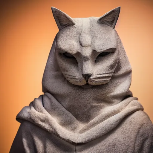 Prompt: close - up museum photo of an ancient limestone statue of a cat in a hoodie, greece, rome, studio lighting, professional, promo,