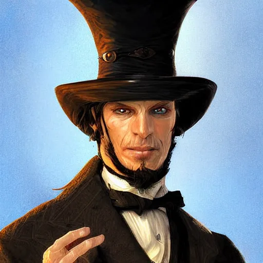 Image similar to Doran, a human warrior in a top hat, 8k resolution, full-length portrait, digital painting, fantasy illustration by Brom, D&D character art