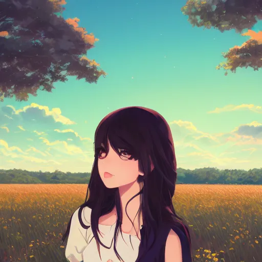 Image similar to portrait of a beautiful girl with dark hair wearing cottagecore style fashion, farm field background, rich vivid colors, ambient lighting, dynamic lighting, 4k, HQ, official media, anime key visual, makoto shinkai, ilya kuvshinov, lois van baarle, rossdraws, detailed, trending on artstation