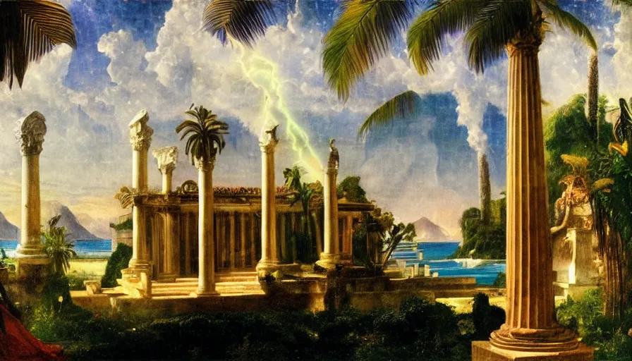 Image similar to Palace of the occult, mediterranean balustrade and columns, refracted sparkles, thunderstorm, greek pool, beach and Tropical vegetation on the background major arcana sky and occult symbols, by paul delaroche, hyperrealistic 4k uhd, award-winning, very detailed paradise