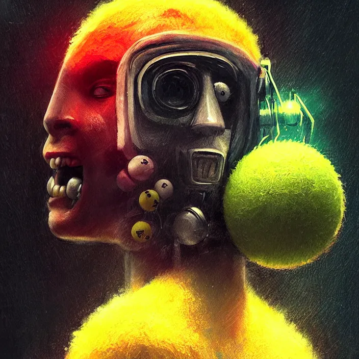 Image similar to cinematic portrait of a cute tennis ball monster, cyberpunk, bladerunner, chalk, masterpiece, trending on artstation, featured on pixiv, cinematic composition, dramatic pose, beautiful lighting, sharp details, hyper - detailed, hd, hdr, 4 k, 8 k, art by basil gogos