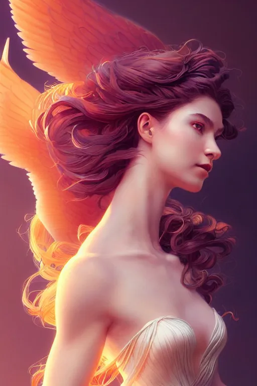 Image similar to 3 / 4 view of a portrait of woman with flowy hair, bird wings, confident pose, pixie, genshin impact,, intricate, elegant, sharp focus, illustration, highly detailed, concept art, matte, trending on artstation, bright colors, art by wlop and artgerm and greg rutkowski, marvel comics