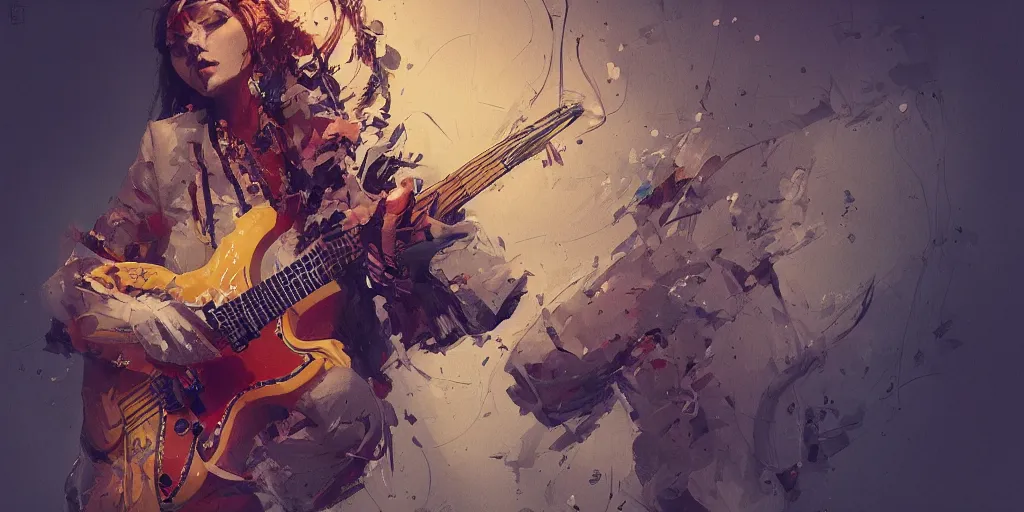 Image similar to design of Lola Flores playing the electric guitar, kim jung gi, Greg Rutkowski, Darek Zabrocki, Karlkka, Jayison Devadas, Phuoc Quan, trending on Artstation, 8K, ultra wide angle, pincushion lens effect