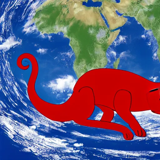 Image similar to clifford the big red dog as oroborous in the shape of a snake wrapping around the earth dozens of times zoomed out view from space