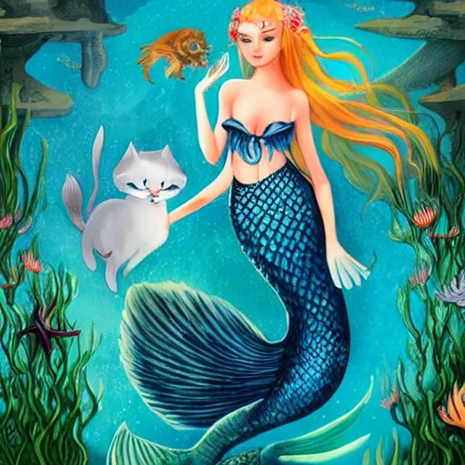 Prompt: a mermaid meets a kitten, fantasy illustration,