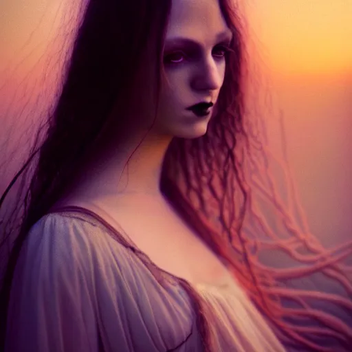 Image similar to photographic portrait of a stunningly beautiful gothic hermetic order of the golden dawn art nouveau female in soft dreamy light at sunset, contemporary fashion shoot, by edward robert hughes, annie leibovitz and steve mccurry, david lazar, jimmy nelsson, breathtaking, 8 k resolution, extremely detailed, beautiful, establishing shot, artistic, hyperrealistic, beautiful face, octane render