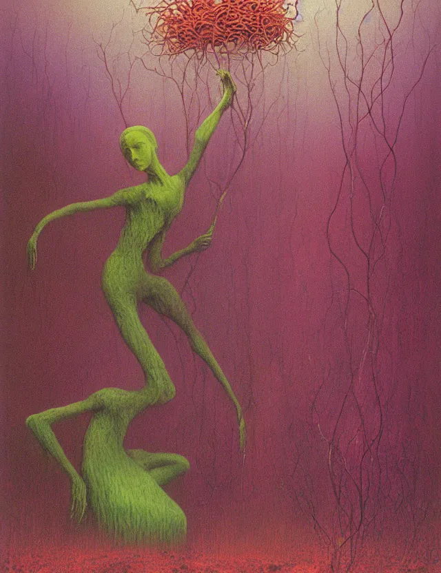 Image similar to fungal bloom fairy monarch forgotten slime mold fae king by zdzisław beksiński, oil painting award winning, chromatic aberration radioactive colors