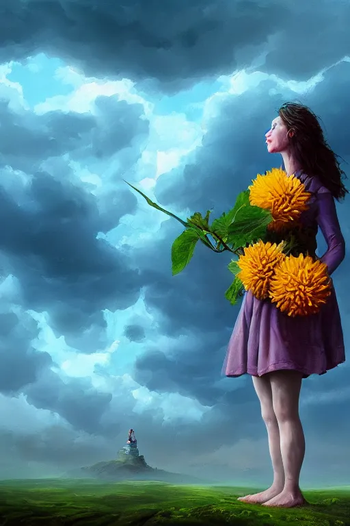 Image similar to closeup girl with giant dahlia flower as head, standing on mountain, surreal photography, blue storm clouds, dramatic light, impressionist painting, digital painting, artstation, simon stalenhag