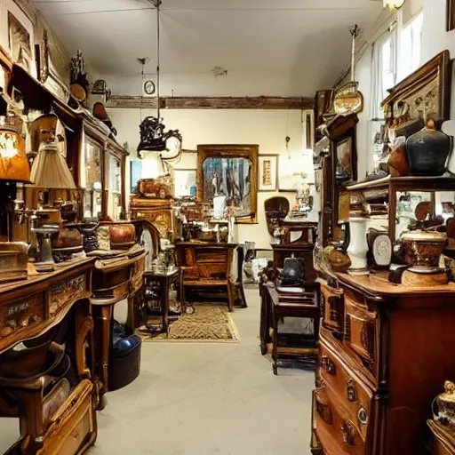 Image similar to a wide angle photo of an antique shop