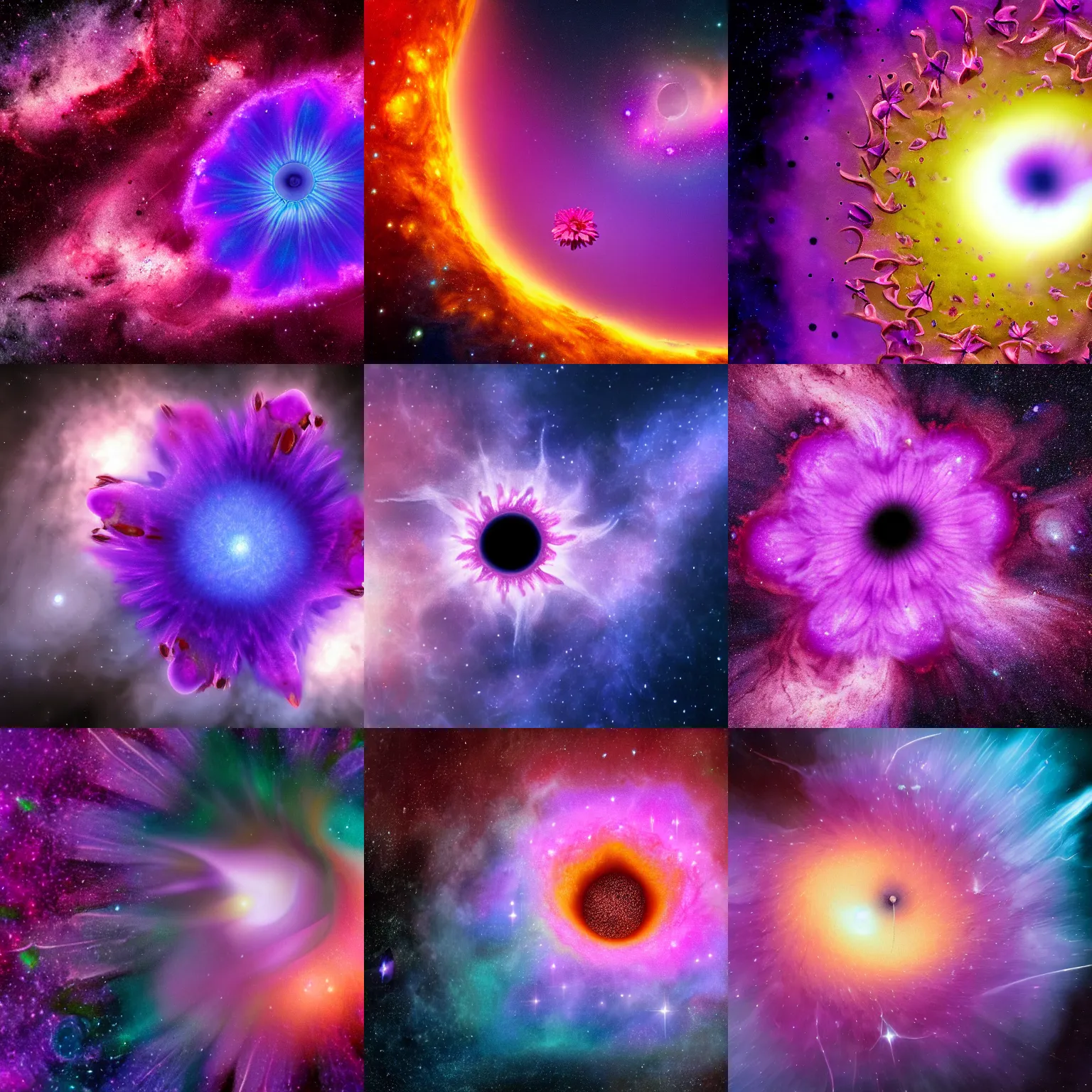 Prompt: a beautiful colorful photograph of a detailed purple flower getting sucked into the black hole, fading out, 4k, breathtaking stars, space background, surrealism, concept art, Trending on artstation