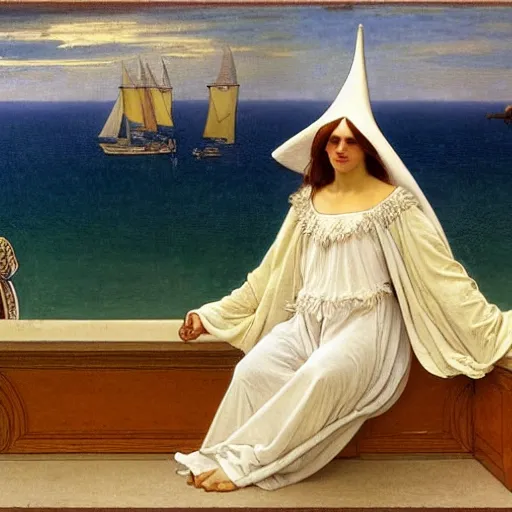 Image similar to An angel with jester hat and clothes on a greek circle archi on the front of a Balustrade with a beach and a sail boat on the background, major arcana cards, by paul delaroche, alphonse mucha and daniel garber daniel garber hyperrealistic 8k, very detailed