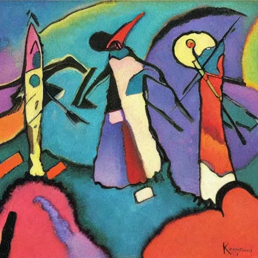 Prompt: a abstract painting coven of witches by kandinsky