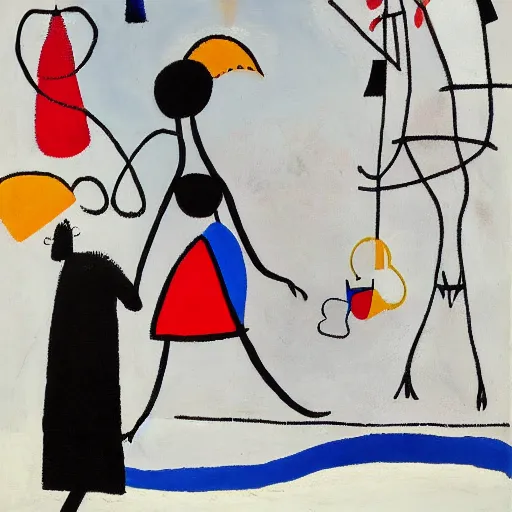 Image similar to an acryllic painting dubrovnik, on a pale background, muted palette mostly white, black, gray, dark red, dark blue, strange characters and interesting shapes, woman with parasol, figure on penny farthing, minimalistic, mixed media, in the styles of both joan miro and mark rothko