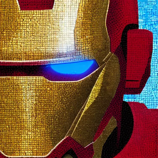 Image similar to mosaic portrait of iron man with robot ears by Saimir Strati, 4k, intricate details, fire in the background