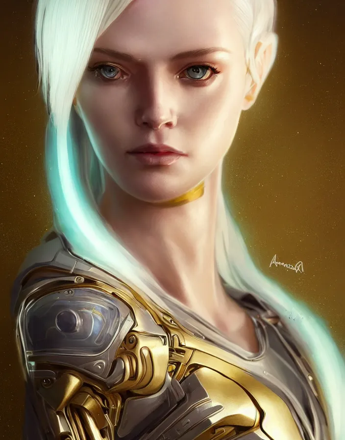 Image similar to futuristic woman android portrait, sci-fi female, striking azure eyes, face, short platinum hair tomboy, cyberpunk femme fatale, intricate, elegant lady with alabaster skin, highly detailed gold filigree, digital painting, artstation, concept art, smooth, sharp focus, illustration, studio photo by artgerm and greg rutkowski and alphonse mucha:3, overexposed, dark, gray, monochrome:-2