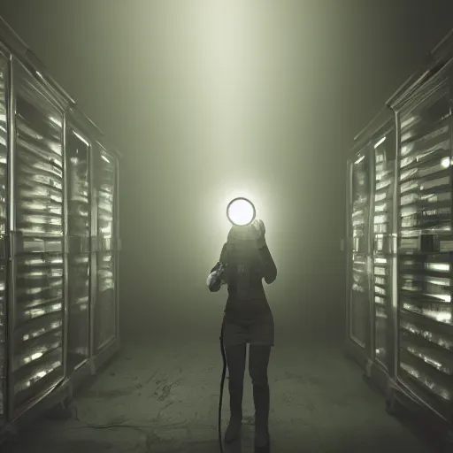 Image similar to woman holding a flashlight running through the interior of a furniture store, refrigerators, cinematic lighting, night, terrifying, scp 3008, landscape, fog, artstation