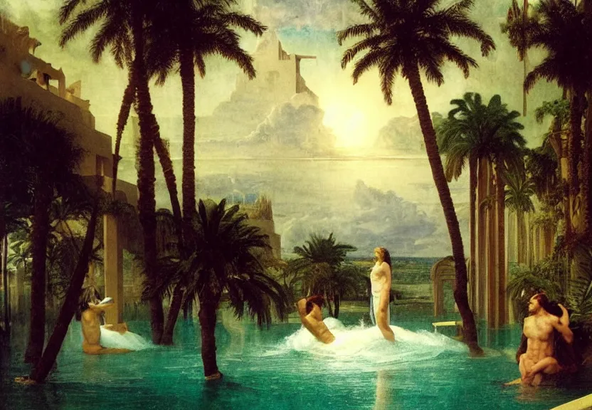 Image similar to Palace floating in heaven, 1km tall, thunderstorm, greek pool, beach and palm trees on the background major arcana sky, by paul delaroche, hyperrealistic 4k uhd, award-winning very detailed, heaven paradise