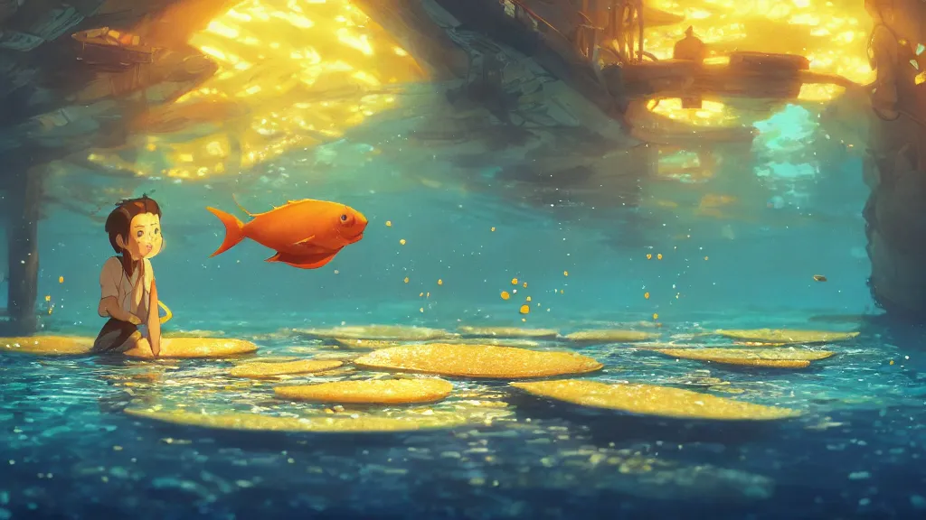 Image similar to digital underwater art of a happy flat pancake fish swimming in syrup, cute, 4 k, fish made of pancake, fantasy food world, living food adorable pancake, vivid atmospheric lighting, by makoto shinkai, studio ghibli, greg rutkowski, ross tran