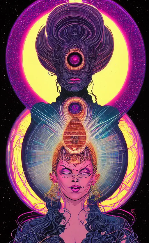 Image similar to Portrait of beautiful woman channeling third eye energy, surrounded by a background of dark cyber mystic alchemical transmutation heavenless realm, cover artwork by philippe caza, midnight hour, part by francis bacon, part by jeffrey smith, part by josan gonzales, part by dan mumford, part by norman rockwell, part by phil hale, part by kim dorland, rich deep color scheme, artstation, matte gouache illustration, highly detailed,