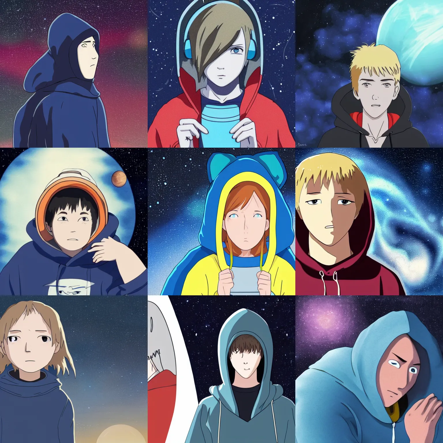 Prompt: Spirited away dark blonde guy with blue eyes wearing a hoodie in space, astonishing background, detailed face